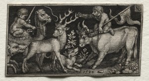 ラクダと雄牛に乗ったサル、1594年。 作： Nicolaes de Bruyn