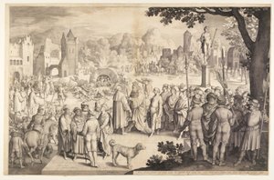 燃えるストーブの中のシャドラハ、メシャク、アベデネゴ 作： Nicolaes de Bruyn