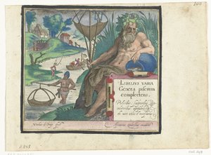 漁師のいる風景の中に、タイトルとトライデントと漁網を持った川の神が描かれたタイトルプリント Libelivs varia Genera piscium complectens (シリーズタイトル) 淡水魚・海魚・カエル・甲殻類・海の生き物（連載タイトル） 作： Nicolaes de Bruyn