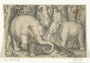 二頭のゾウ Animalivm qvadrvpedvm (シリーズタイトル) 風景の中の動物（シリーズタイトル） 作： Nicolaes de Bruyn