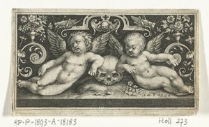 トランペットを吹く子供たちに挟まれて、ヤギに乗って戦っている 2 人の子供 子供、天使、動物と一緒にいるフリジア人 (シリーズ タイトル) 作： Nicolaes de Bruyn