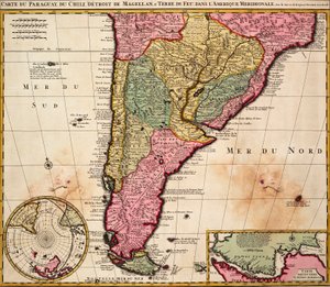 南米のパラグアイ、チリ、マゼラン海峡、ティエラ・デル・フエゴの海図、1720年頃（彩色版画） 作： Nicolaes the Younger Visscher