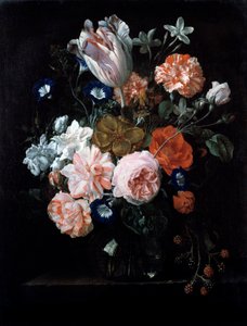 17世紀のガラスの花瓶のチューリップ、カーネーション、モーニンググローリー。 作： Nicolaes van Veerendael