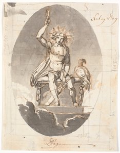 日、光り輝く後光と矢を持って座っている男性 作： Nicolai Abildgaard