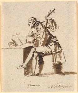 ヘロドトスが横たわるテーブルにリュートを持って座っているイギリスの詩人ガワー 作： Nicolai Abildgaard