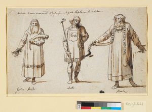 衣装研究。 おそらく劇場へ。 ヘルタの司祭、ドロット、吟遊詩人の 3 人の人物 作： Nicolai Abildgaard
