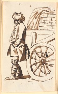 垂れ下がった帽子をかぶった農夫が車のそばに立っている 作： Nicolai Abildgaard