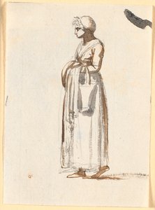 かごを腕にかぶって左を歩く女性