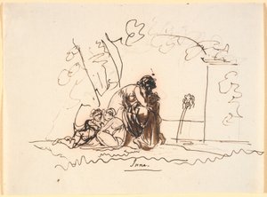 泉のそばに座っている女性と 3 人の小さな子供たち 作： Nicolai Abildgaard