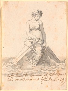 水の中の岩の上に座って、2 つのオールまたは舵を持った女性 作： Nicolai Abildgaard