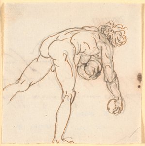 石を手に持って走っている裸の男 (ボウラー?) を半分後ろから見た 作： Nicolai Abildgaard