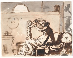 子供を膝の上で揺らして遊ぶ母親 作： Nicolai Abildgaard