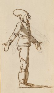 頭に大きな帽子をかぶり、両手にミトンをかぶった立っている男の子 作： Nicolai Abildgaard