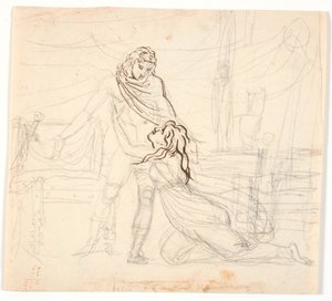 ひざまずいて懇願するように裸のヒーローを抱きしめる若い女性 作： Nicolai Abildgaard