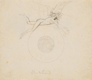 一対の円弧で示される、球体の上に浮かぶ翼のある天才 作： Nicolai Abildgaard