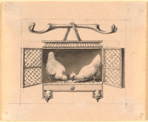 かごの中のニワトリが穀物を拾う 作： Nicolai Abildgaard