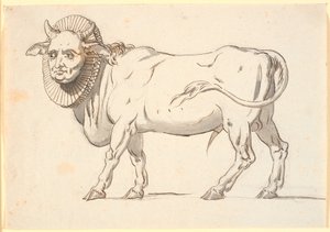 人間の顔をした雄牛の形をした聖職者の風刺画で、パイプの首輪が首に巻かれている 作： Nicolai Abildgaard