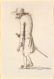 右手に杖を持って左に歩く猫背の男の似顔絵 作： Nicolai Abildgaard