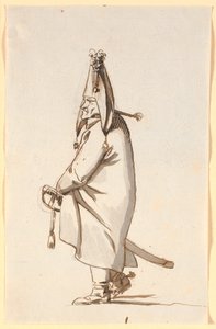 長い外套をまとい、何でも屋としてサーベルに乗っている軍人の似顔絵 作： Nicolai Abildgaard