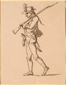 左の横顔の兵士の似顔絵。 彼の左腕は包帯を巻かれていますが、ライフルを持っています。 作： Nicolai Abildgaard