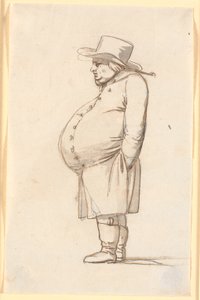 左横顔で立っている太った腹の男性の似顔絵