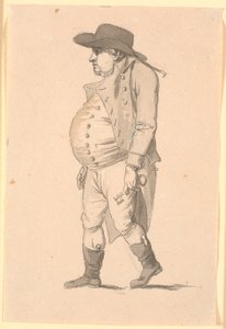 左手に大きな鍵を持って左を歩く太った腹の男性の似顔絵 作： Nicolai Abildgaard