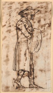 横顔で、マフに手を入れて歩く男性の似顔絵。 作： Nicolai Abildgaard