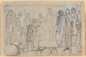 構成案; 法廷で戦士に囲まれた王が、男に騎士の剣を与える 作： Nicolai Abildgaard