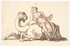 ターバンと三日月の女性像が幻想的なラクダにもたれかかって座っています。 アジアのアレゴリー 作： Nicolai Abildgaard