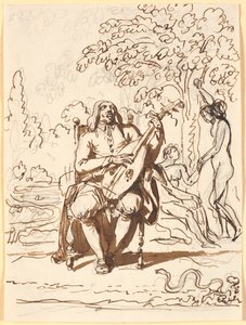 ミルトン、リュートを持って座って、顔を正面から見て、背景に落下 作： Nicolai Abildgaard