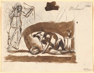 ムハンマド、座布団の間に座り、女性像を残した 作： Nicolai Abildgaard