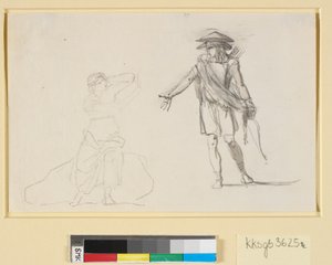 2 つの図の間を進みます。 左は上半身裸で座っている女性、右は弓と矢筒を持って歩く男性 作： Nicolai Abildgaard