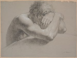着座モデルの上半身。 腕を組んだ。 左手で頭の半分を隠す 作： Nicolai Abildgaard