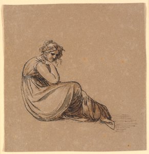 右膝に肘を置いて座っている女性 作： Nicolai Abildgaard