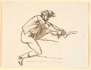 ストッキングを引っ張って座っている男 作： Nicolai Abildgaard