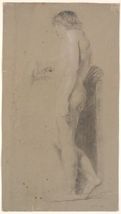 立っている男性モデル。 Profile.t.v. 高い台座に寄りかかっています。 伸ばした右腕 作： Nicolai Abildgaard