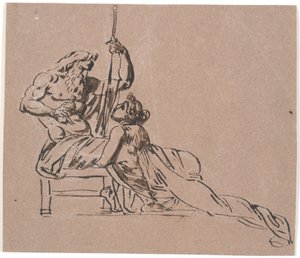 懇願するようにゼウスの膝を抱きしめるテティス 作： Nicolai Abildgaard