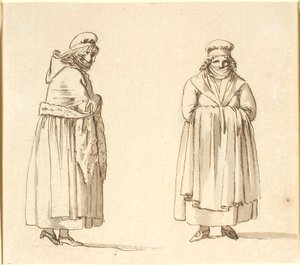 口にスカーフを巻いた 2 人の庶民の妻、1 人は横顔、もう 1 人は正面から 作： Nicolai Abildgaard