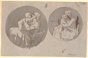 子供を腕に抱えて座っている母親の 2 つの円形構図 作： Nicolai Abildgaard