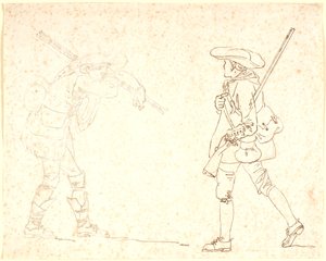 2 人の男性像、1 つはハンターの格好をしており、もう 1 つは棒の束を持っています。 作： Nicolai Abildgaard
