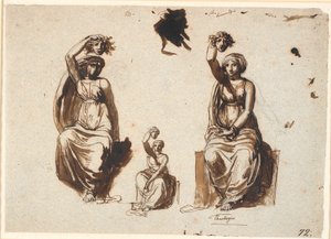 右手に頭を上げたメデューサの寓話的な着座女性像の 3 つの習作 作： Nicolai Abildgaard