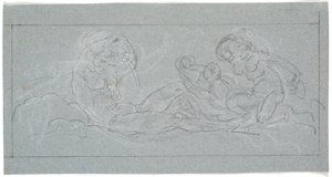 ドア ピースのドラフト。 横になった若者が、右の海のニンフに、瓶から水を注ぐ 作： Nicolai Abildgaard