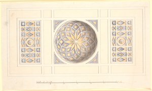 紫と黄色のアーチ型の中央セクションを持つ天井の下書き 作： Nicolai Abildgaard