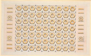 黄色と紫の六角形のカセットとロゼットを備えたドラフト天井 作： Nicolai Abildgaard
