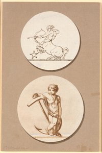 2 つの円形レリーフの下書き、上は弓を射るケンタウロス、下は錨に支えられた小さな男の子 作： Nicolai Abildgaard
