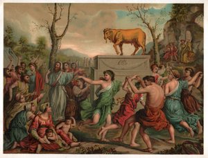 黄金の子牛の崇拝。(リトグラフ、1900年頃) 作： Nicolas (after) Poussin
