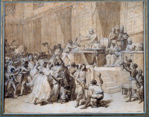 フランス革命：国民会議が1794年2月4日（16 Pluviose An II）にパリで植民地における奴隷制の廃止を宣言する。Nicolas Andre Monsiau（1754-1837）によるインク画 日。0,26x0,33 m パリ、カルナヴァレ美術館 作： Nicolas Andre Monsiau