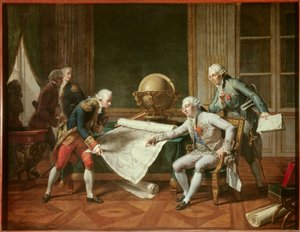 ラペルーズ伯爵ジャン＝フランソワ・ガラップ大尉（Jean Francois Laperouse）に指示を出すフランス国王ルイ16世（1754-1793）。 作： Nicolas Andre Monsiau
