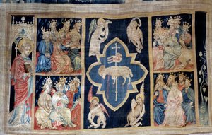 黙示録のカーテン（1373年～1383年）、n.7：老人たちはキリストの象徴である子羊に栄光を与える。ニコラ・バタイユ（1330-1405）のタペストリー 作： Nicolas Bataille