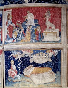 ヨハネの黙示録のハンギング（1373-1383）。N. 44 high: ベテには7つの頭がある。N. 51 低正義の味方の眠り。ニコラ・バタイユ（1330-1405）のタペストリー 作： Nicolas Bataille